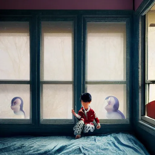 Image similar to young boy wearing white fabric pajama with cartoon paintings on it infront of the window in his room and staring outside. highly detailed, digital photo, smooth and sharp focus, cg by tian zi and wlop and alphonse mucha