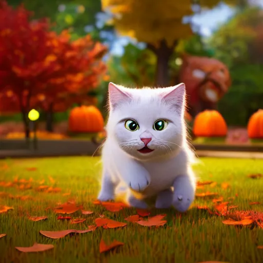 Prompt: cute adorable happy cat playing in the park in autumn, pixar style, disney style, tilt shift, octane render, cgsociety