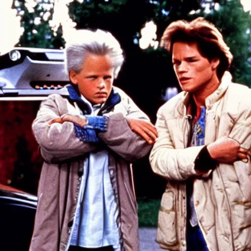 Prompt: a scene from the movie back to the future ( 1 9 8 5 ) starring tom holland and quentin tarantino