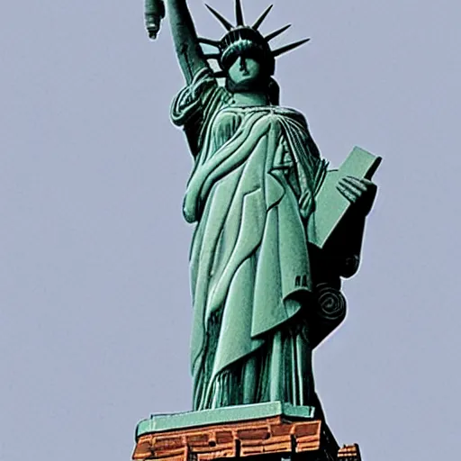 Prompt: Lady Liberty sitting on the back of a red dragon