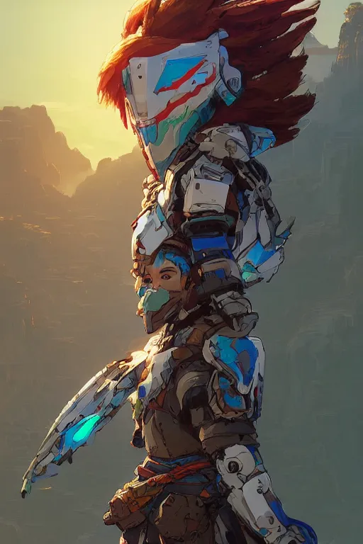 Image similar to combination suit armor aloy horizon forbidden west horizon zero dawn robot ninja mask helmet backpack tribal, art gta 5 comics, official fanart behance hd artstation by jesper ejsing, by rhads, makoto shinkai and lois van baarle, ilya kuvshinov, ossdraws radiating a glowing aura cgi rtx 2 0 2 2