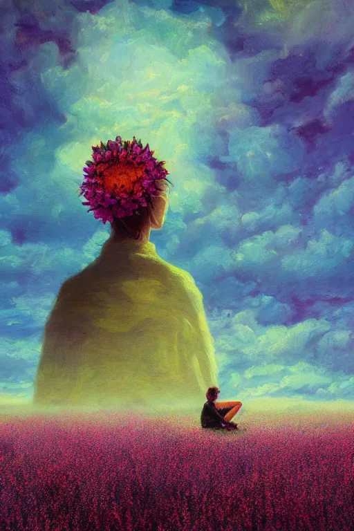 Image similar to closeup, huge flowers as head, woman sitting in heather field, surreal photography, starlight, storm clouds, impressionist painting, digital painting, artstation, simon stalenhag