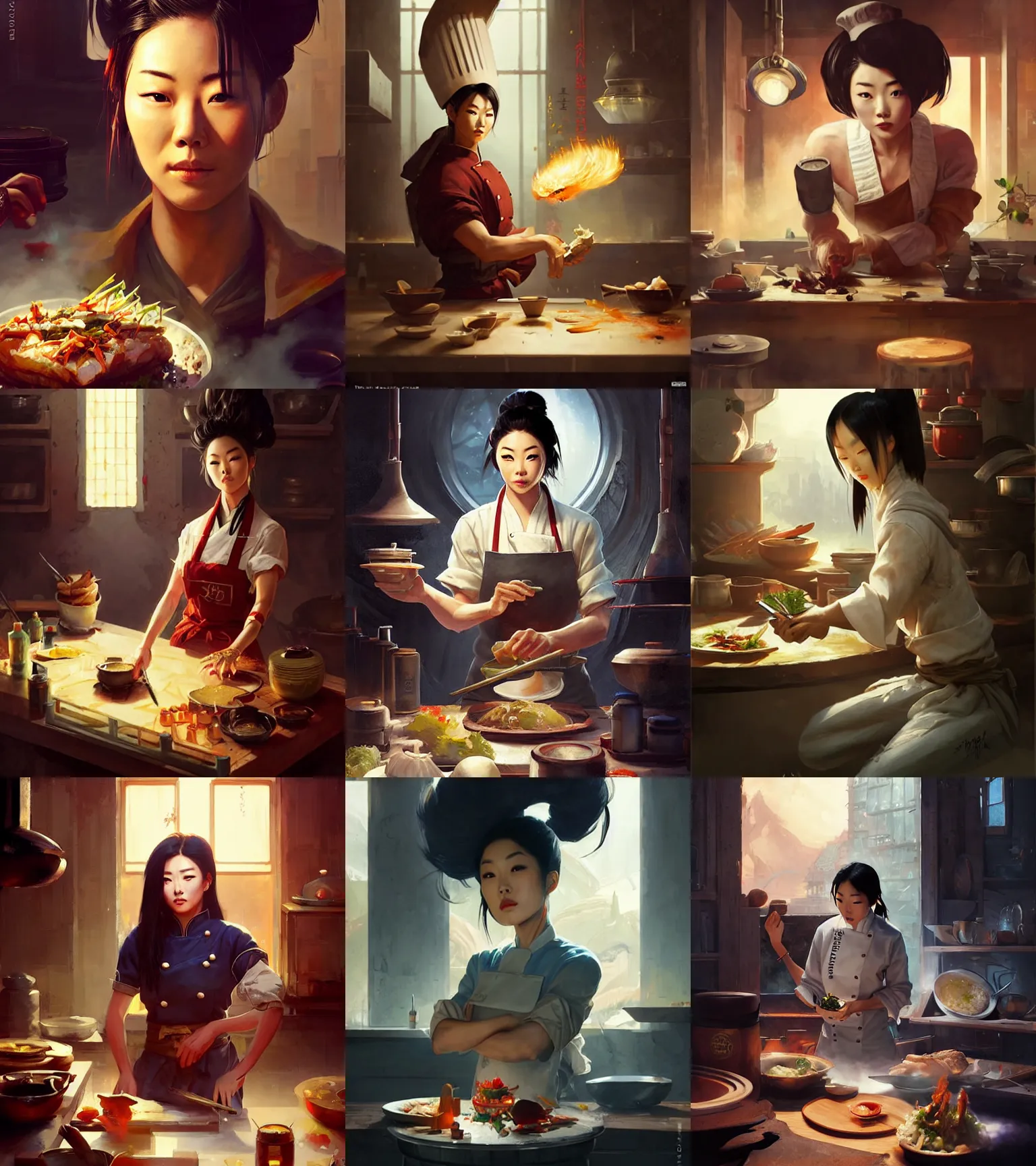 Prompt: a portrait of arden cho chef character in a scenic k - pop kitchen environment by marco bucci and greg rutkowski and frank frazetta, sharp focus, detailed, cinematic