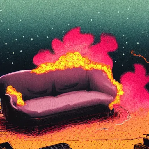 Image similar to a pink couch with orange polka dots on fire in the middle of a junkyard, illustrated, cosmic horror, smoke and ash