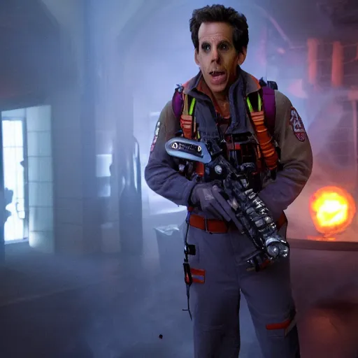 Prompt: Ben Stiller as a Ghostbuster in the movie Ghostbusters movie still 8k hdr