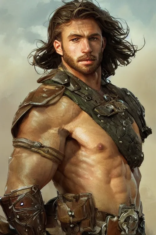 Image similar to portrait of a young rugged ranger, muscular, handsome, upper body, hairy torso, D&D, fantasy, intricate, elegant, highly detailed, digital painting, artstation, concept art, smooth, sharp focus, illustration, art by artgerm and Greg Rutkowski and Alphonse Mucha