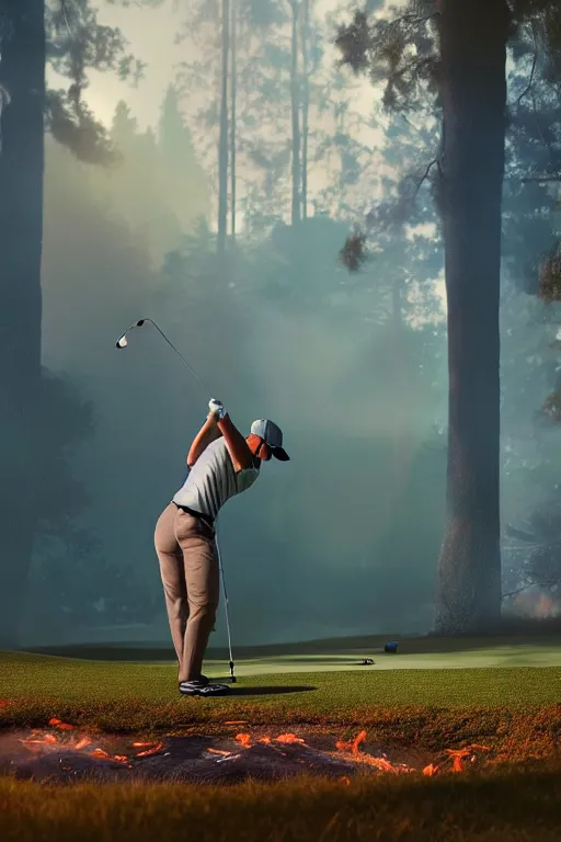 Prompt: close-up of an athletic golf player in a lush golf course with automatic watering, low angle, magical lights, golden hour, surrounded by burning forests, smoke from the fire, digital painting, cinematic, 4k, forest ray light, particles light, ilya kuvshinov, Greg Rutkowski, Beeple