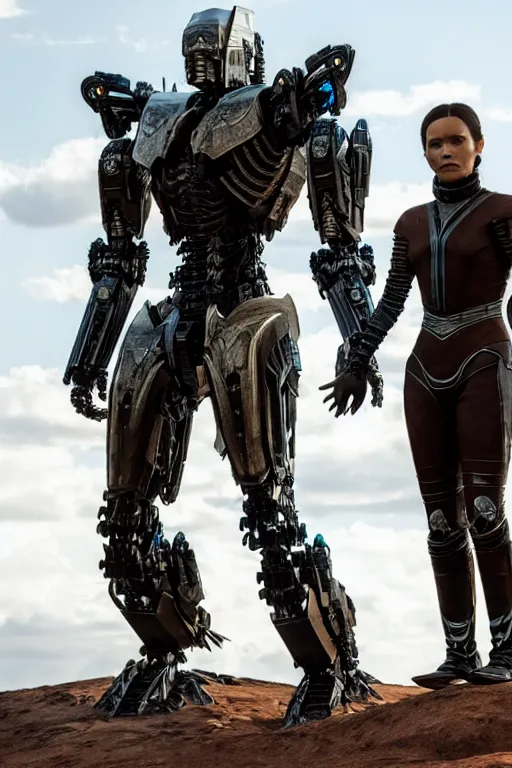 Image similar to cinematic still in westworld and dune movie and pacific rim movie and ps 5 game machine warrior 5, intricate ornate humanoid mecha warrior,