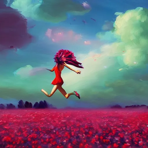 Image similar to giant rose flower head, full body girl running through a flower field, surreal photography, sunrise, dramatic light, impressionist painting, colorful clouds, digital painting, artstation, simon stalenhag