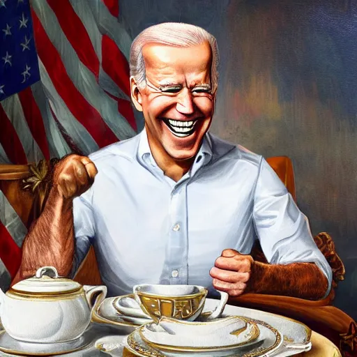 Image similar to a painting of joe biden laugh in tea party with osama bin laden, justify content center, hyper realistic content, frontal hyperdetailed realistic content, sharp focus, intricate, baroque, delete duplicate content