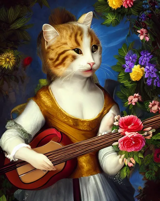 Prompt: baroque portrait of a anthropomorphic cat playing a lute, bright, garden with flowers, digital art, dnd character, award winning