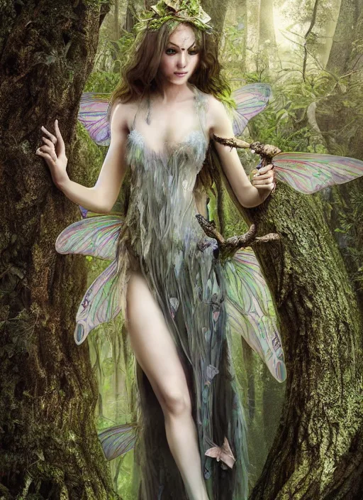 Prompt: beautiful photorealistic matte painting full body portrait fairy faerie fey fae queen standing in forest highly detailed subtle enchanting magic