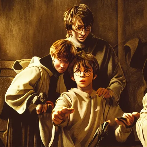 Prompt: a film still of harry potter, artwork by caravaggio