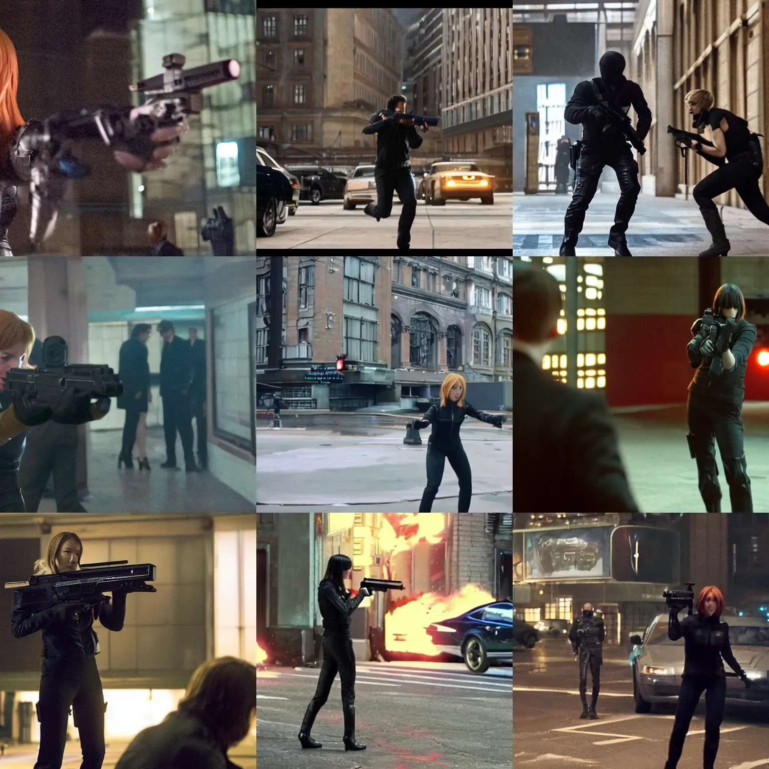 Prompt: samus aran shooting at agents smith, in the john wick movie, still frame.