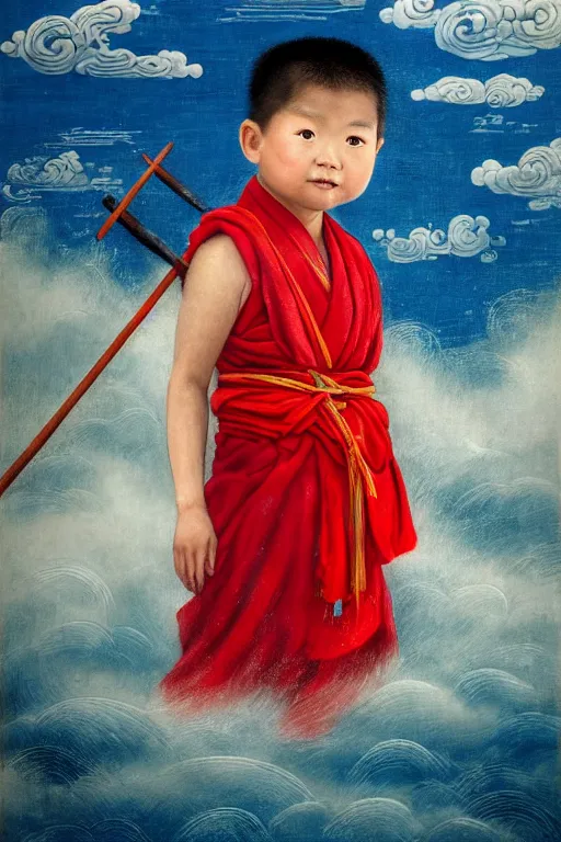 Image similar to a masterpiece portrait of legendry nezha flies riding on the wind fire wheels across the sea, water everywhere, chinese mythology, chinese male child, cute face, side view, red cloth around his shoulders, hold spear, cinematic, fantasy character portrait, highly detailed, by ne zha ( 2 0 1 9 ), fenghua zhong, bob byerley