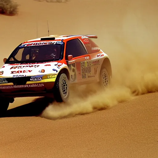 Prompt: red 2004 honda civic racing across the desert dakar rally 1999