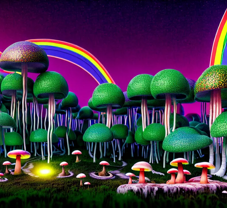 Prompt: hyperrealism photography hyperrealism concept art of highly detailed glowing with a different species of mushrooms and fungi, rainbow of colors in forest at night highly detailed futuristic ( fantasycore ) city by wes anderson and hasui kawase and scott listfield sci - fi style hyperrealism rendered in blender and octane render volumetric natural light