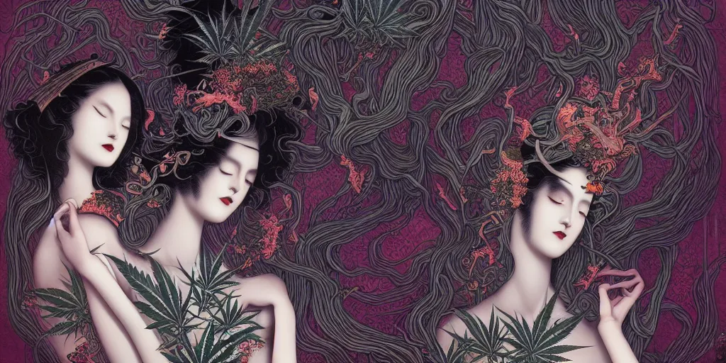 Image similar to breathtaking detailed concept art painting art deco pattern of goth goddesses amalgamation cannabis, by hsiao - ron cheng, bizarre compositions, exquisite detail, extremely moody lighting, 8 k