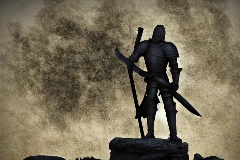 Image similar to lone weary knight!!! guarding a large stone tomb!!!, leaning on his sword!!!, battle-worn, dusk, bodies of monsters