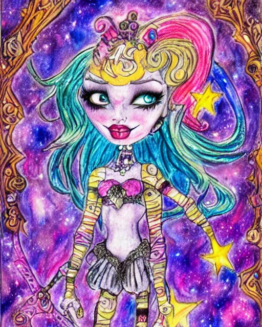 Prompt: josephine wall watercolor pencil drawing of a monster high doll fullmoon, stars, sigils and doodles around her