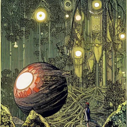 Prompt: Stunningly intricate illustration of single cyberpunk explorer overlooking lush forest, highly detailed, midnight, small glowing orbs by Moebius,