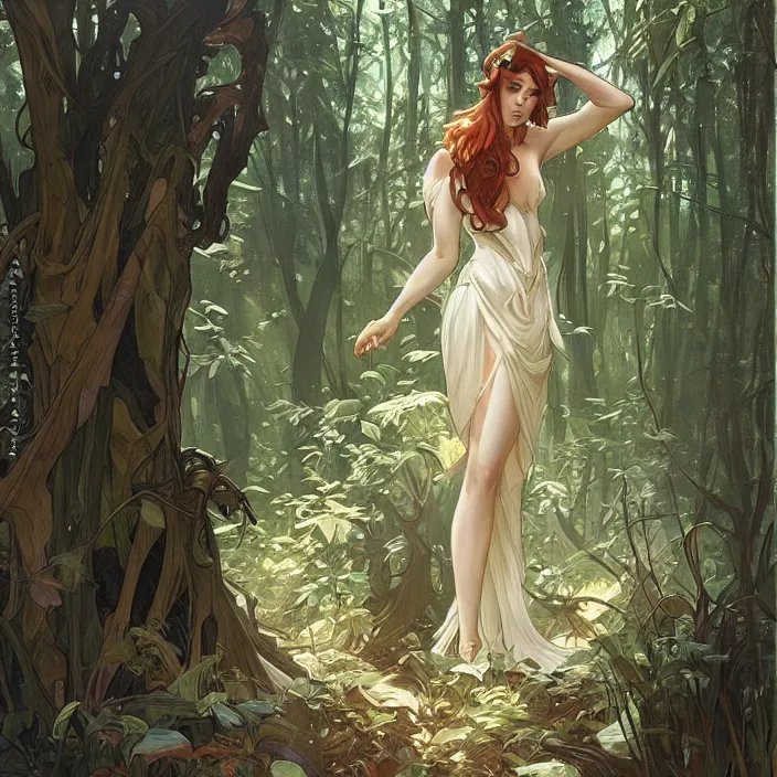 Image similar to lena oxton in a forest by artgerm, greg rutkowski, alphonse mucha