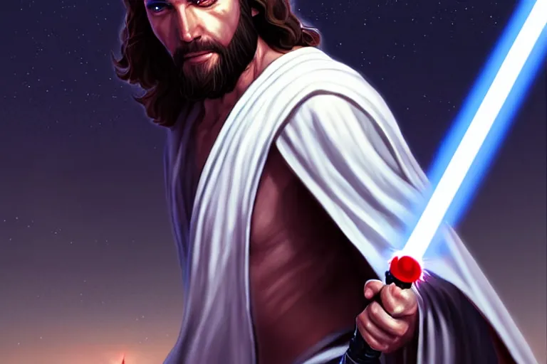 Image similar to jesus christ in a white robe fighting demons with, a lightsaber ; art by artgerm ; digital art ; character art ; star wars