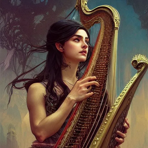 Image similar to a strange harp, d & d, fantasy, intricate, elegant, highly detailed, digital painting, artstation, concept art, smooth, sharp focus, illustration, art by artgerm and greg rutkowski and alphonse mucha