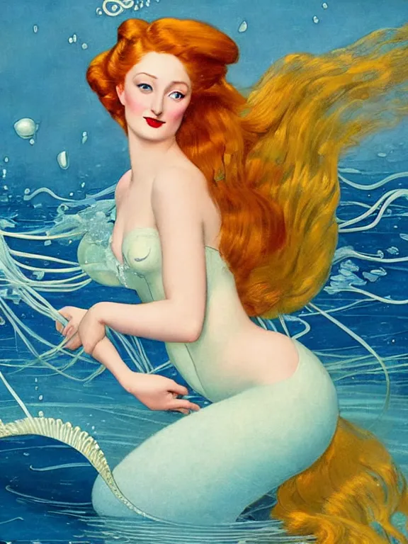 Prompt: Sophie turner as the little mermaid, a beautiful art nouveau portrait by Gil elvgren, beneath the ocean waves glowing jellyfish environment, centered composition, defined features, golden ratio, intricate seashell jewelry that glows