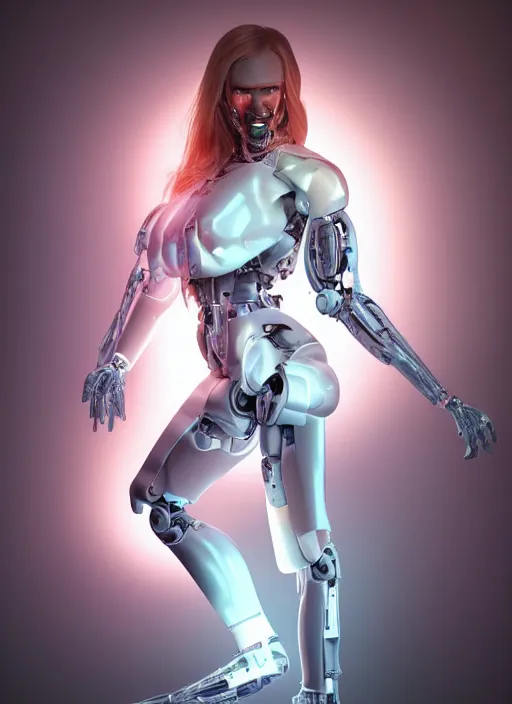 Image similar to photorealistic detailed full body picture of a female cyborg, pretty face with arms and legs, glamour pose, neon lights, white suit, humanoid, extreme, uhdr, book called the most influental cyborg in 2 0 5 0, fine details, highly detailed, intricate, smooth sharp focus