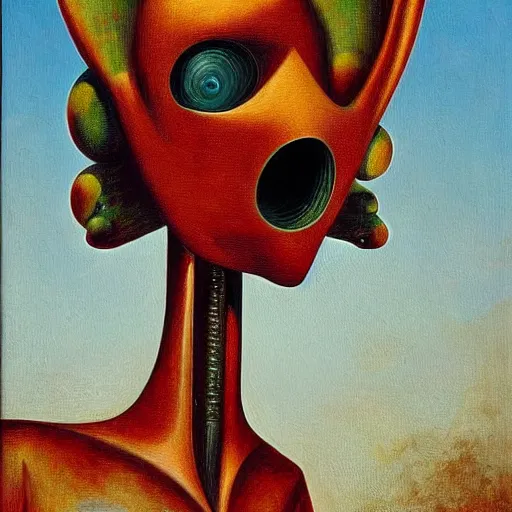 Image similar to An oil painting of a strange alien creature by Max Ernst and Giorgio de Chirico, trending on artstation