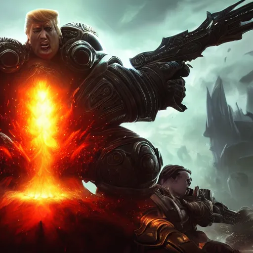 Image similar to Portrait of Trump, League of Legends amazing splashscreen artwork, Gears of War, splash art,natural light, elegant, photorealistic facial features, intricate, fantasy, detailed face, atmospheric lighting, anamorphic lens flare, cinematic lighting, league of legends splash art, hd wallpaper, ultra high details by Greg rutkowski