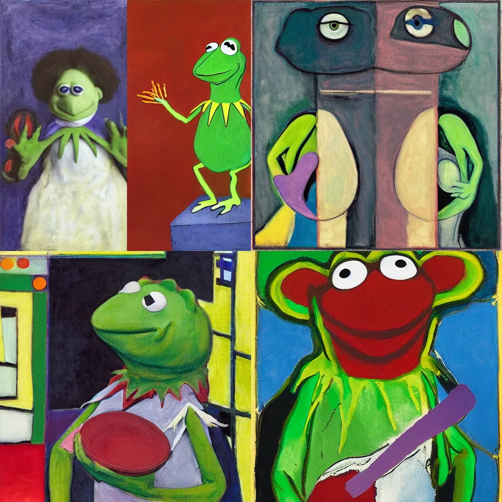 Prompt: “kermit muppet painted part by piet mondrian, part by francis bacon, part by hilma af klint, part by leonora carrington, highly detailed, 8k”