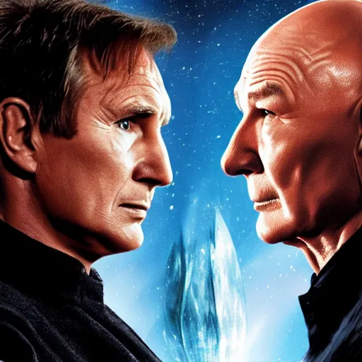 Prompt: side view of liam neeson facing patrick stewart, sci - fi movie poster