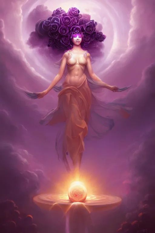 Image similar to the goddess of the sun by Peter mohrbacher, hyper realistic, octane render, stardust in atmosphere, black and purple rose petals , realistic hair, award winning artwork, trending on artstation, high quality printing, fine art with subtle redshift rendering