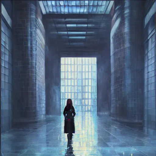 Image similar to beautiful woman, courtyard, capital, cybermosque interior, control panel, watcher, omniscient, tech noir, wet reflections, impressionism, matte painting, speed painting, chiaroscuro, oil on canvas