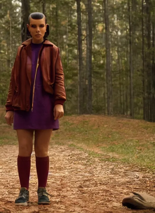 Prompt: film still of kim kardashian as Eleven in stranger things, 4