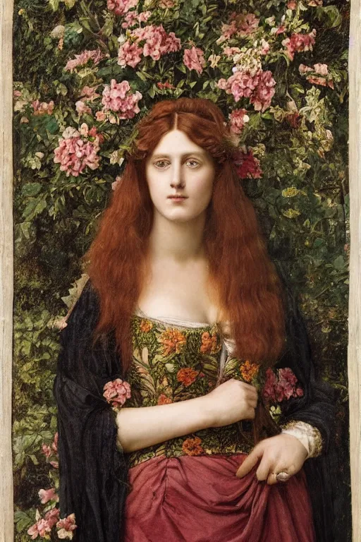 Image similar to a pre - raphaelite portrait of a woman in a mythical dress with floral decoration