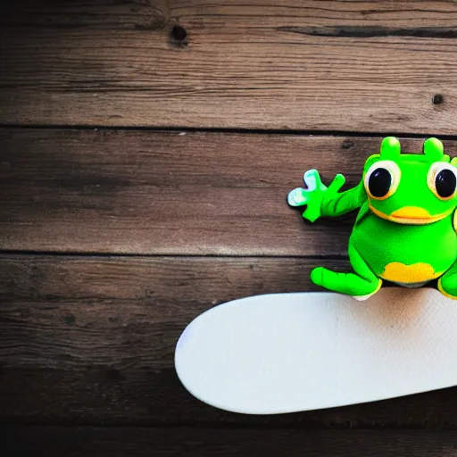 Prompt: frog plushie on a skateboard, skate photography 55mm