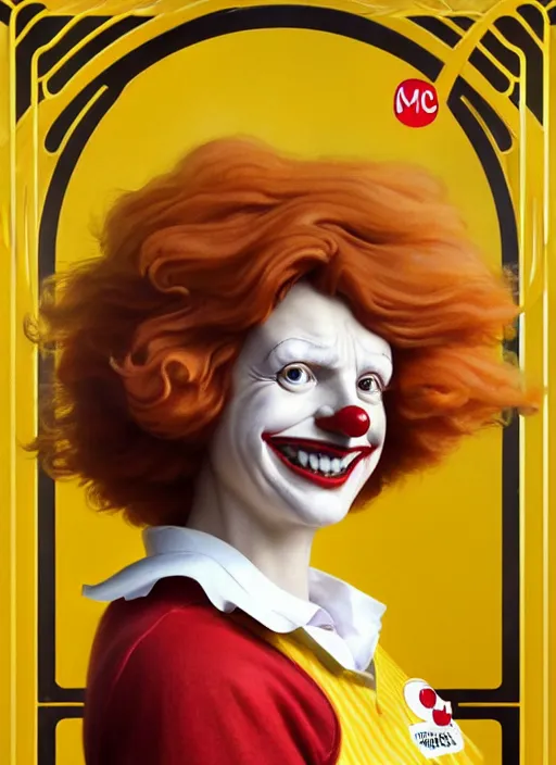 Prompt: close up portrait of ronald mcdonald, yellow jumper with white collar, fries and chicken nuggets swirling by artgerm, cushart krenz, greg rutkowski, mucha. art nouveau. gloomhaven, golden arches logo, pale colors, sharp edges. ultra clear detailed. 8 k. elegant, intricate, octane render