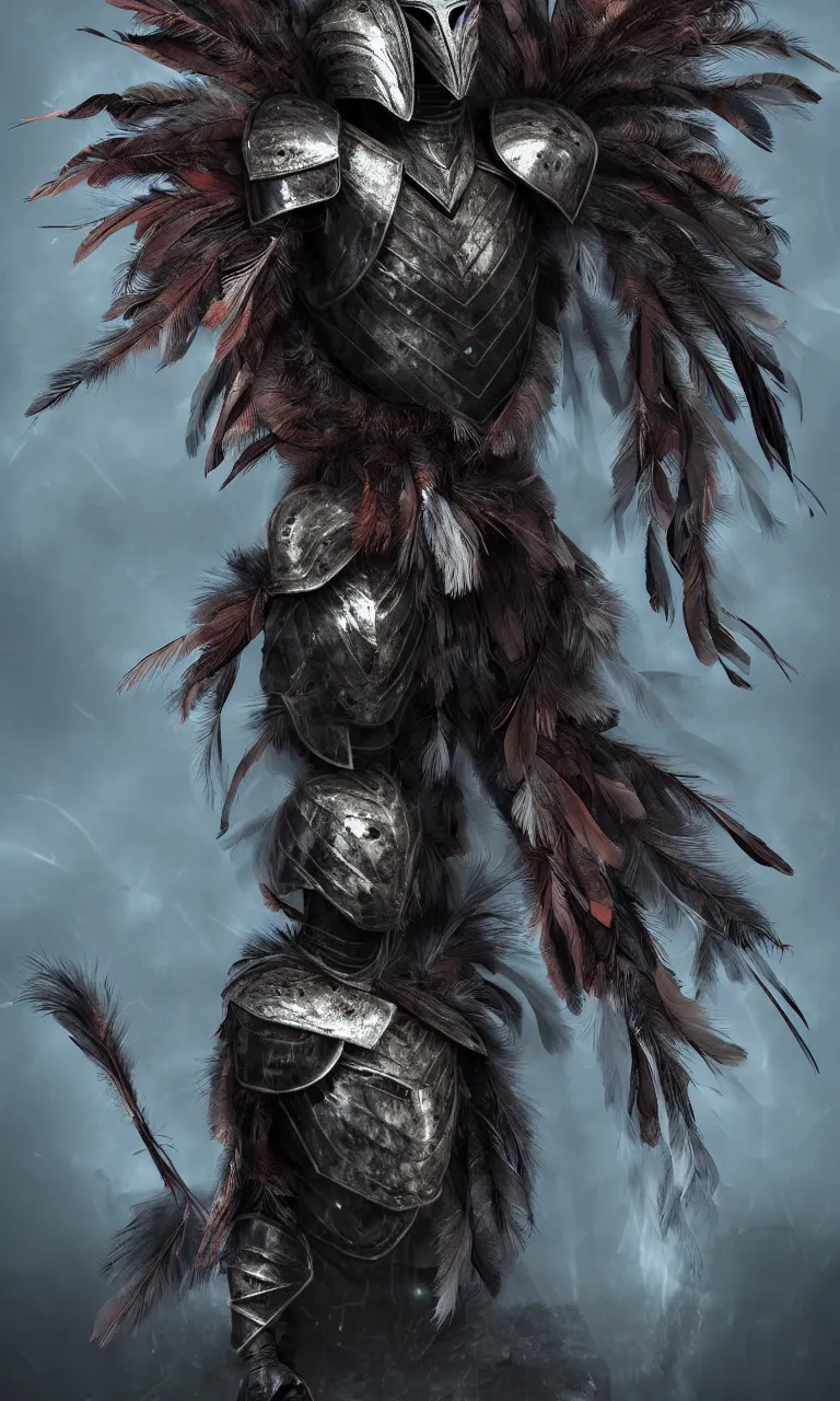 Image similar to an astonishing warrior wearing an armor made of feathers, strange energy emitting through body, scars on face, volumetric lighting, scary eyes, digital art,