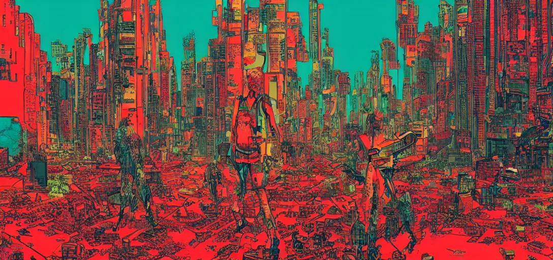 Prompt: A neon cyberpunk psychedelic vision of Acid Communism corroding our capitalist realism present, as speculated by the cultural theorist Mark Fisher in Akira color palette, by Amano, Yoshitaka and Tadao Ando