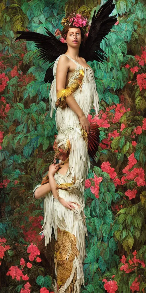 Image similar to anthropomorphic macaw woman wearing a flowing samba inpsired white and mint colored paper dress, background amazon jungle made of paper, paper Bougainvillea, ethereal, fantasy, Lawrence Alma-Tadema, James Jean, oozium, peter morbacher, angelarium, alchemy, luxury, heavenly light, Soft illumination, Trending on artstation, Cinematic Lighting, very detailed, 3D, octane render, artgerm