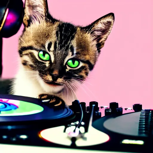 Image similar to a photo of a kitten DJing at a disco, cat, music, DJ, vinyl, headphones, dance