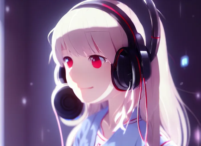 Image similar to a fill still portrait of a white long hair red eyed young cute girl wearing a headset in a room interior, closeup, perfect art, gapmoe yandere, trending on pixiv fanbox, painted by makoto shinkai takashi takeuchi studio gibli, 4 k