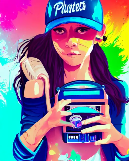 Image similar to a skater girl wearing a baseball cap holding a boombox in her right hand. paint splashes, outrun, vaporware, shaded flat illustration, digital art, trending on artstation, highly detailed, fine detail, intricate