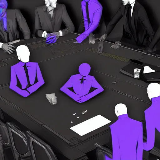 Image similar to HD render of shadow figures in suits sitting around a table in an occultic lair scheming and plotting, Ultra realistic digital art painting trending on artstation, photo realistic, black and purple colour scheme