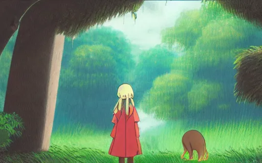 Prompt: a young girl holding an umbrella with her giant pet capybara walking through the forest, raining, side view, shot from the side, art by hayao miyazaki, studio ghibli film, 4k, hi res, high detail