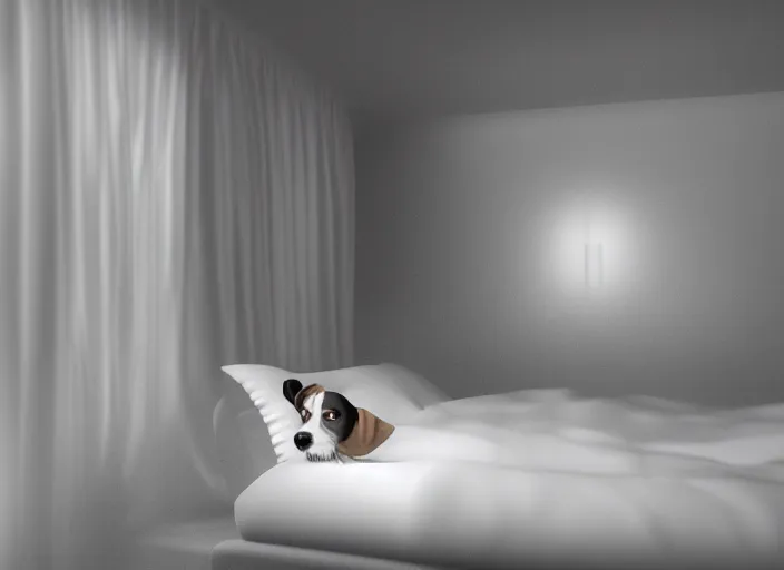 Image similar to photography of a Jack Russel watching outside the window on a bed in a 3d rendered white room, octane render, 3d, foggy, volumetric light, volumetric fog, photorealistic, unreal engine 5