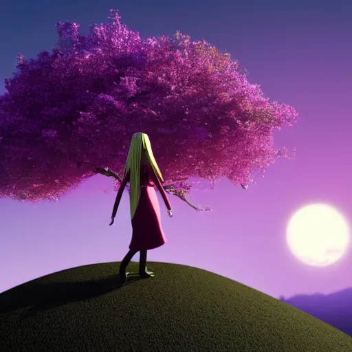 Prompt: A female teenager elf is looking at the moon at the top of a hill with pink grass, under a big tree with purple leaves, photorealistic, 3d render